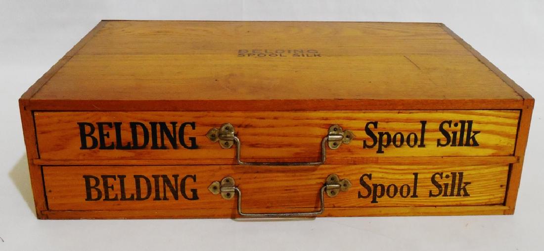 Belding Spool Silk 2 Drawer Cabinet: measures 14 1/2" L x 9 1/4" W x 4" H, NOTE: 1 TRAY HAS DAMAGE AND IS MISSING A DIVIDER