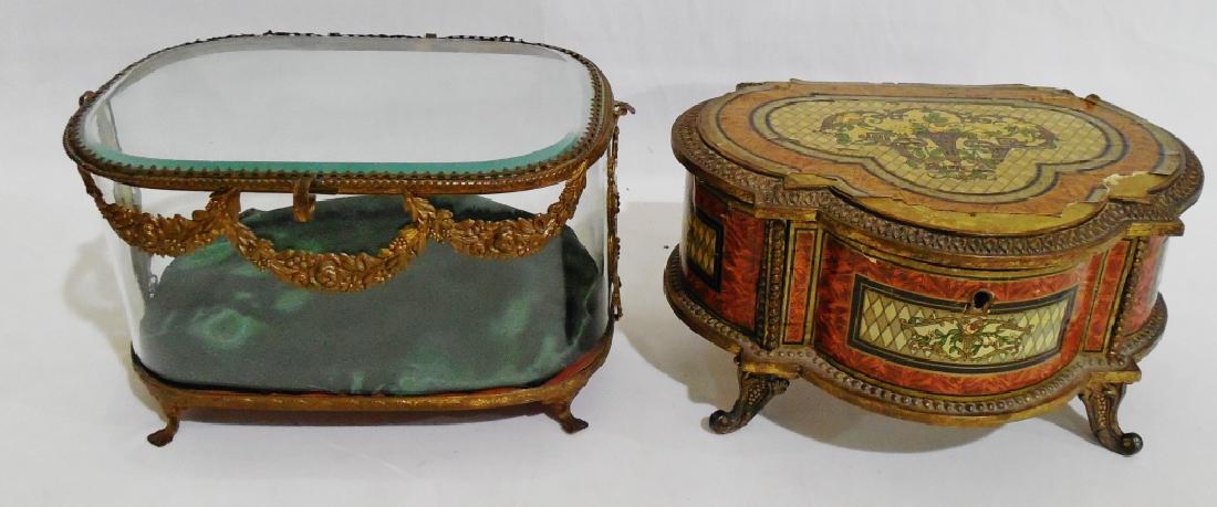 Lot of 2 Dresser Boxes: glass one measures 9 1/2" L x 7" W x 6" H, NOTE: OTHER ONE HAS NO KEY AND THE PAPER DESIGN IS FLAKING OFF