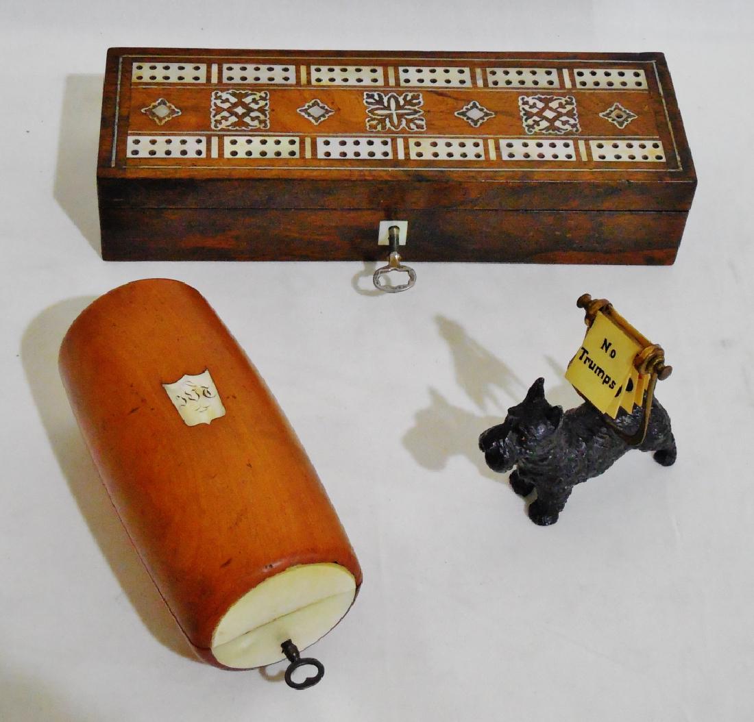 Assorted Lot: Cribbage Box with key NOTE: DOES NOT HAVE PIECES, Scottie "No Trumps Dog," and a wooden keepsake box with key