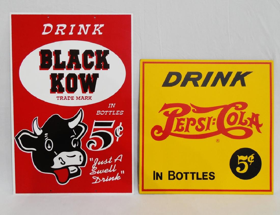 Lot of 2 Contempoary Signs: metal Black Kow measures 24" H x 16" W and wooden Pepsi Cola measures 18" square