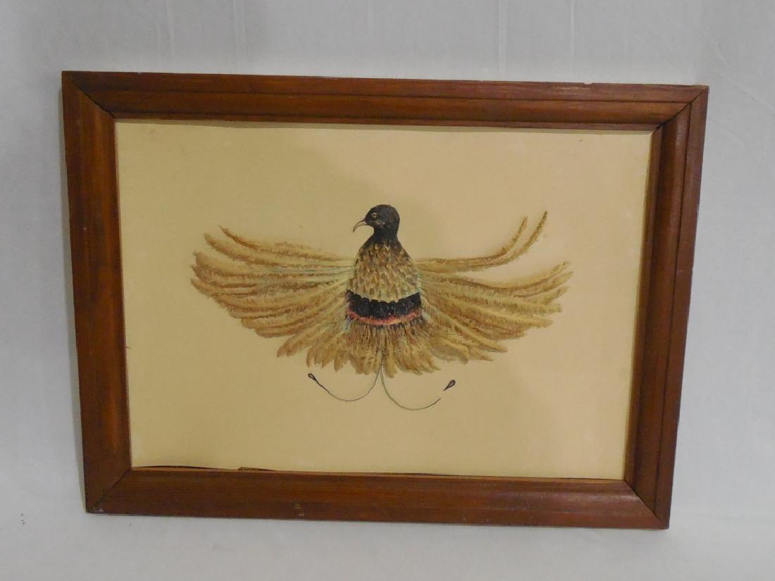 Framed "Chinese Prison Art": measures 22 1/4" L x 16 1/4" H, NOTE: 1 TAIL FEATHER IS DAMAGED