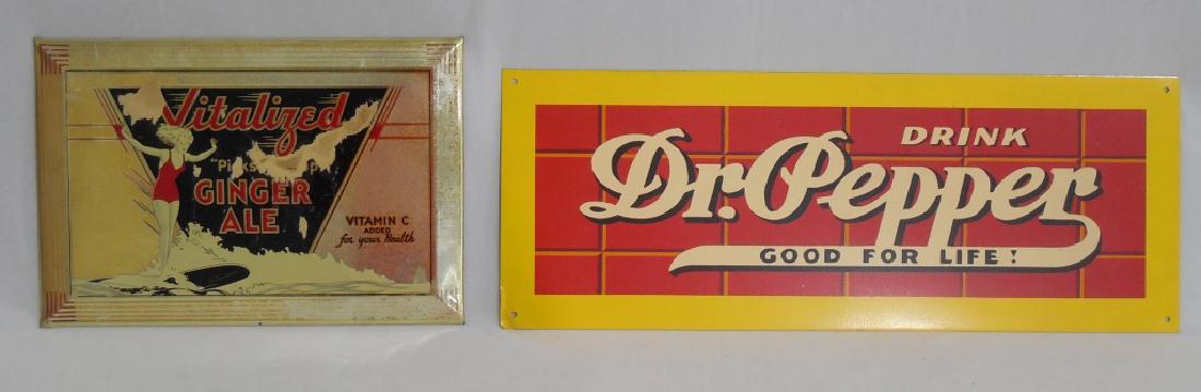 Lot of 2 Advertising Signs: 1) 1930's-1940's Vitalized Ginger Ale Sign (NOTE: BROWN PAPER ON FRONT MAY BE VERY DIFFICULT TO REMVOE) measures 9 1/4" L x 6 1/4" H and 2) REPRODUCTION Dr. Pepper Sign measures 15 1/4" L x 5 1/4" H