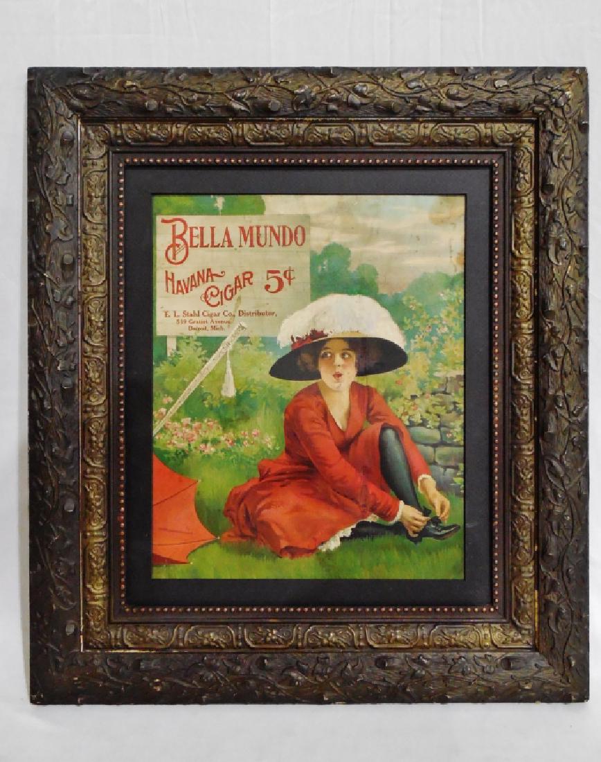 Framed Bella Mundo Havana Cigar Cardboard Ad: measures 22 1/2" W x 25 1/2" H, NOTE: AD HAS REPAIRS