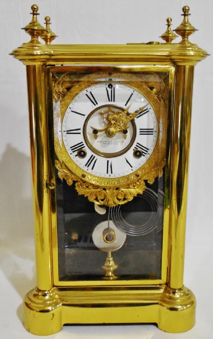 Ansonia Brass Mantle CLock w/Beveled Glass and Key