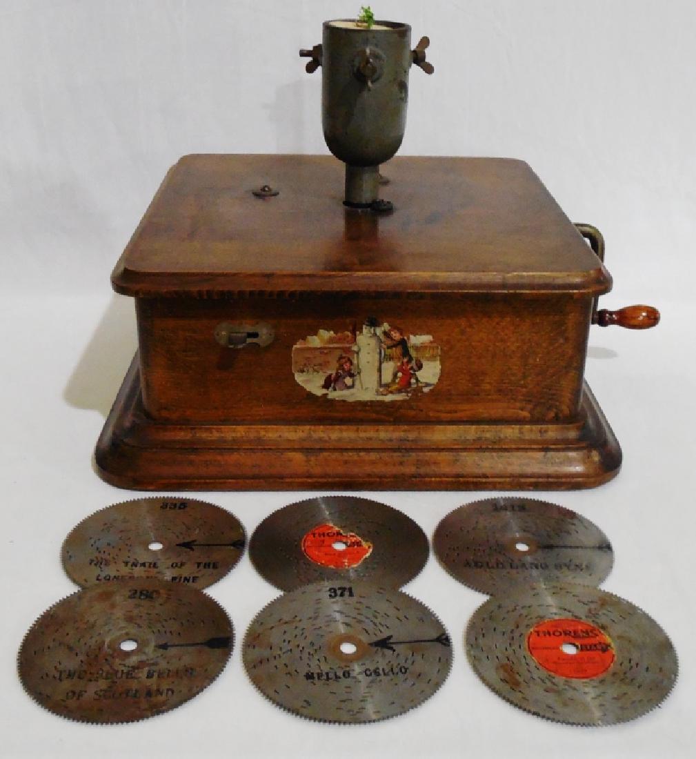 Hand Crank Music Playing Machine w/ 6 Play Discs: base measures 14" square, NOTE: PARTS MISSING