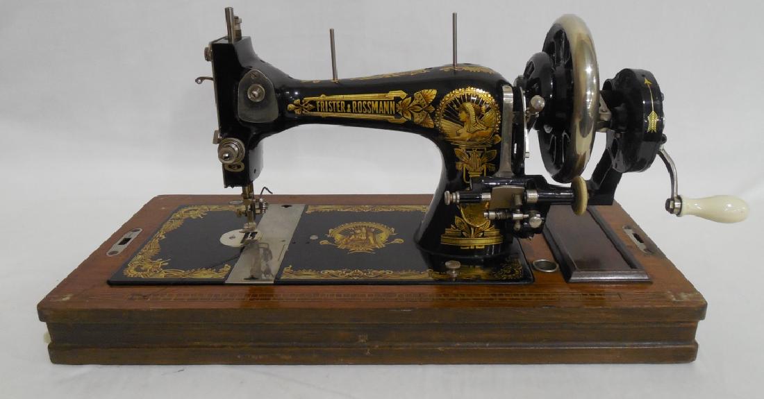 Frister & Rossmann Hand Turn Sewing Machine 705: with wood carry case and key, NOTE: THE CASE HAS SLIGHT DAMAGE, HEAVY