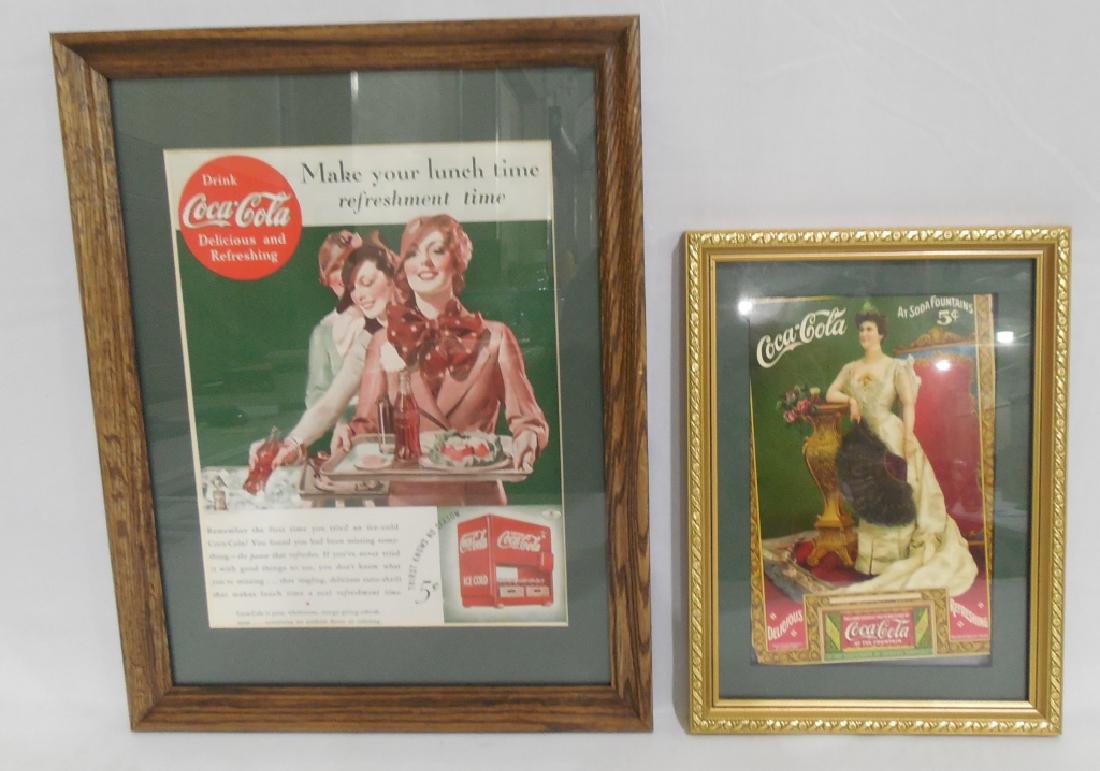 Lot of 2 Framed Coca Cola Advertisements: smaller one is 2-sided, larger one measures 17 3/4" H x 13 1/4" W