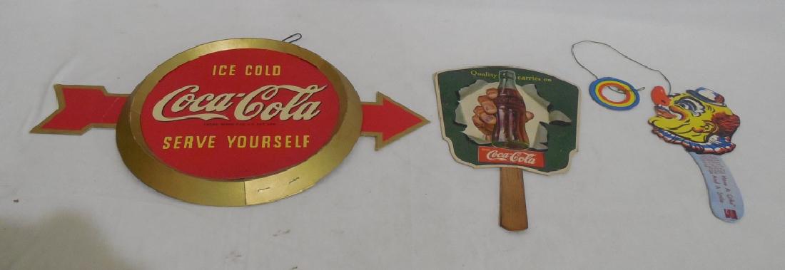 Lot of 3 Cardboard Coca Cola Advertisements: fan, ring toss, and arrow measures 19" L