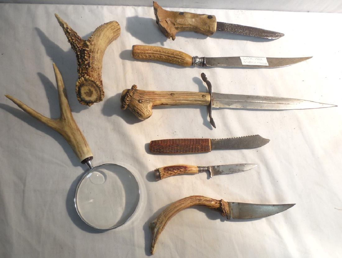 Antler handled knives and magnifying glass: Used