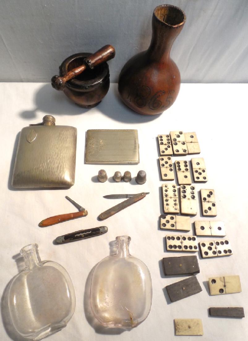 Dominos, thimbles, pen knives,: wooden mortis & pestle, metal flask, small glass bottles one damaaged