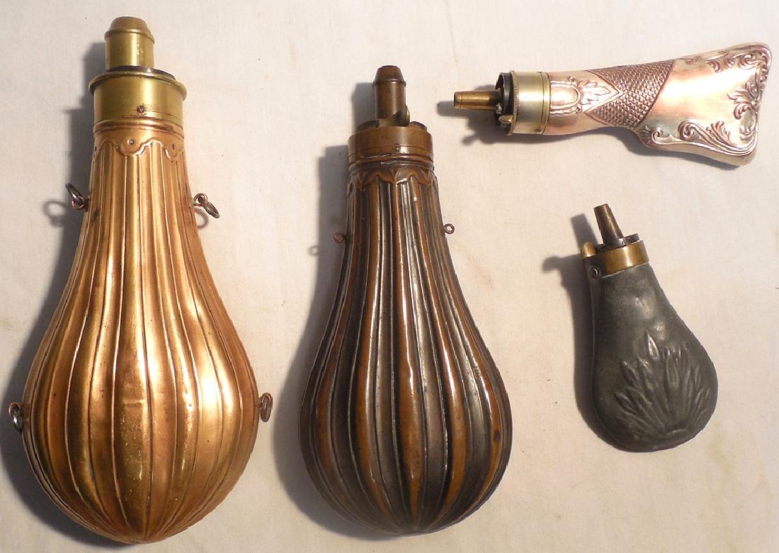 4 metal shot flasks; copper, brass, tin: Mix of sizes, smallest has crack see photo