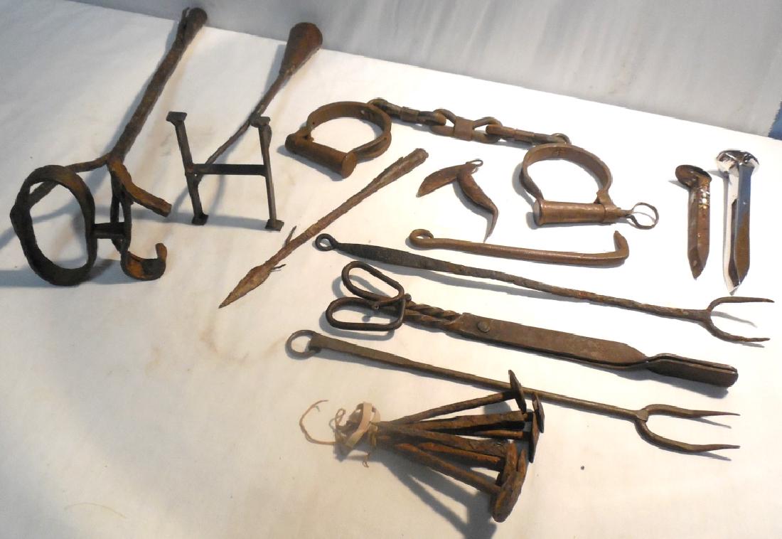 2 ea branding irons; one is letter H, one is JO: 1 pair metsl shackles, metal fishing barb, handwrought Forks, tongs and nails