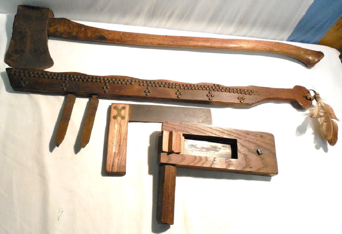 Mixed Lot;: Axe, wooden board w/2 knife, wooden noise maker & wood handle square