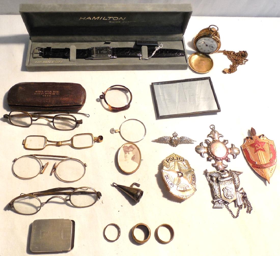 Mixed Lot; Hamilton men's watch, Vigilant pocket: watch, eye glasses, badges, Tiffany & Co. matchsafee/pill box sterling rings used 1 Russian badge