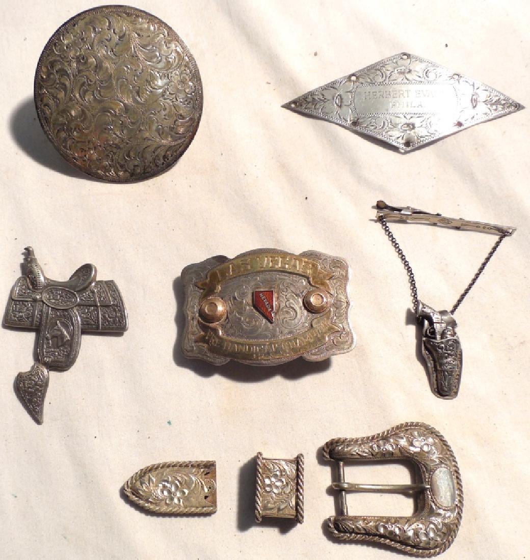 Sterling tooled buckle and: other western style items, Las Vegas buckle marked pre-handicap champion 12-3-55, Spencer Tracey
