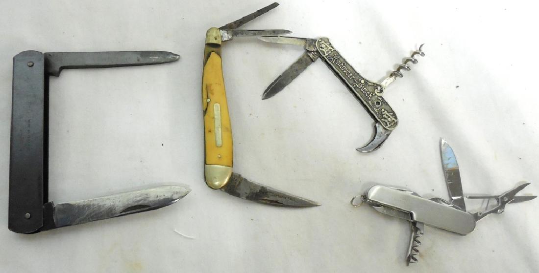 4 ea folding knives; Anheuser Busch,: Delaware Historical Arms, Blackone market made in England, 1 damaged, see photo