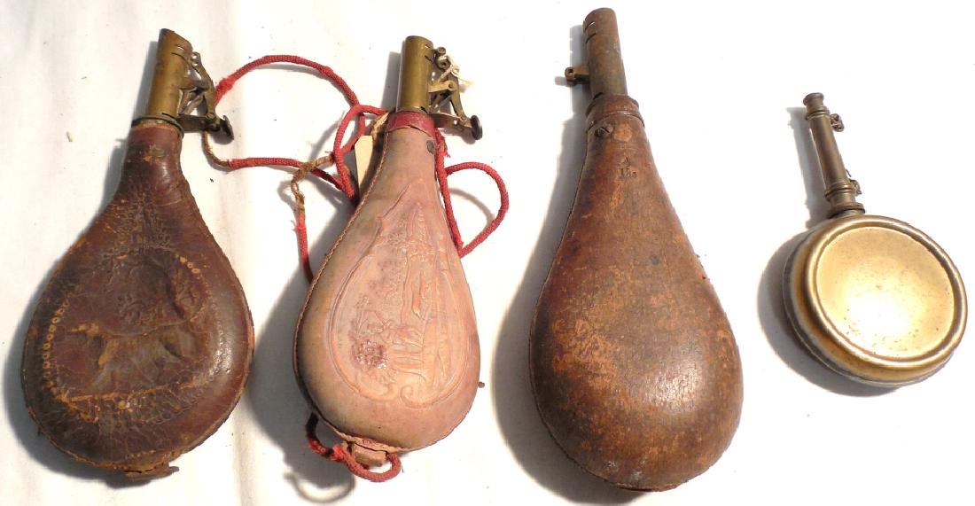 3 Leather and Brass shot flasks: some missing parts