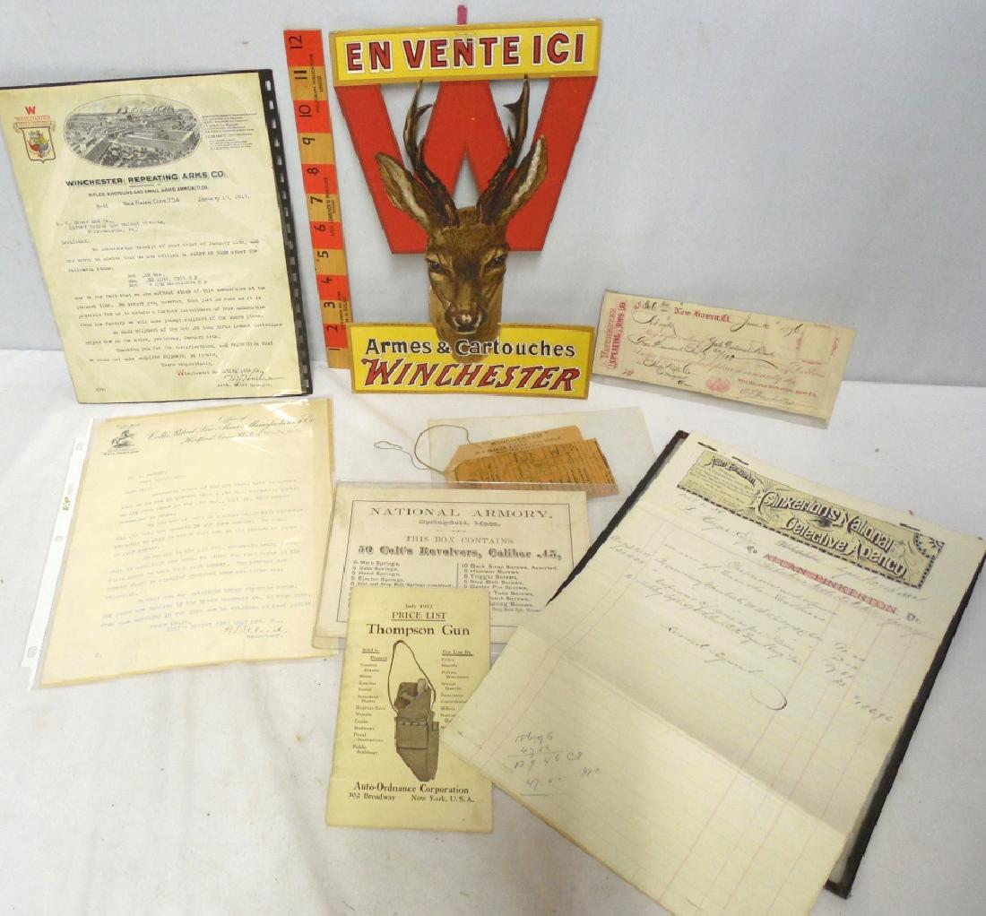 Winchester Die Cut Sign, Winchester Letterhead &: Winchester check,, Colt Letterhead & 1922 Thompson gun price list, Pinkerton's National Letterhead and Norfolk & Western Railroad Co. bill