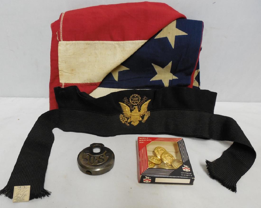 48 Star Flag; Uniform Insignia Buttons: Part to a Navy Hat & US Army Lock no key