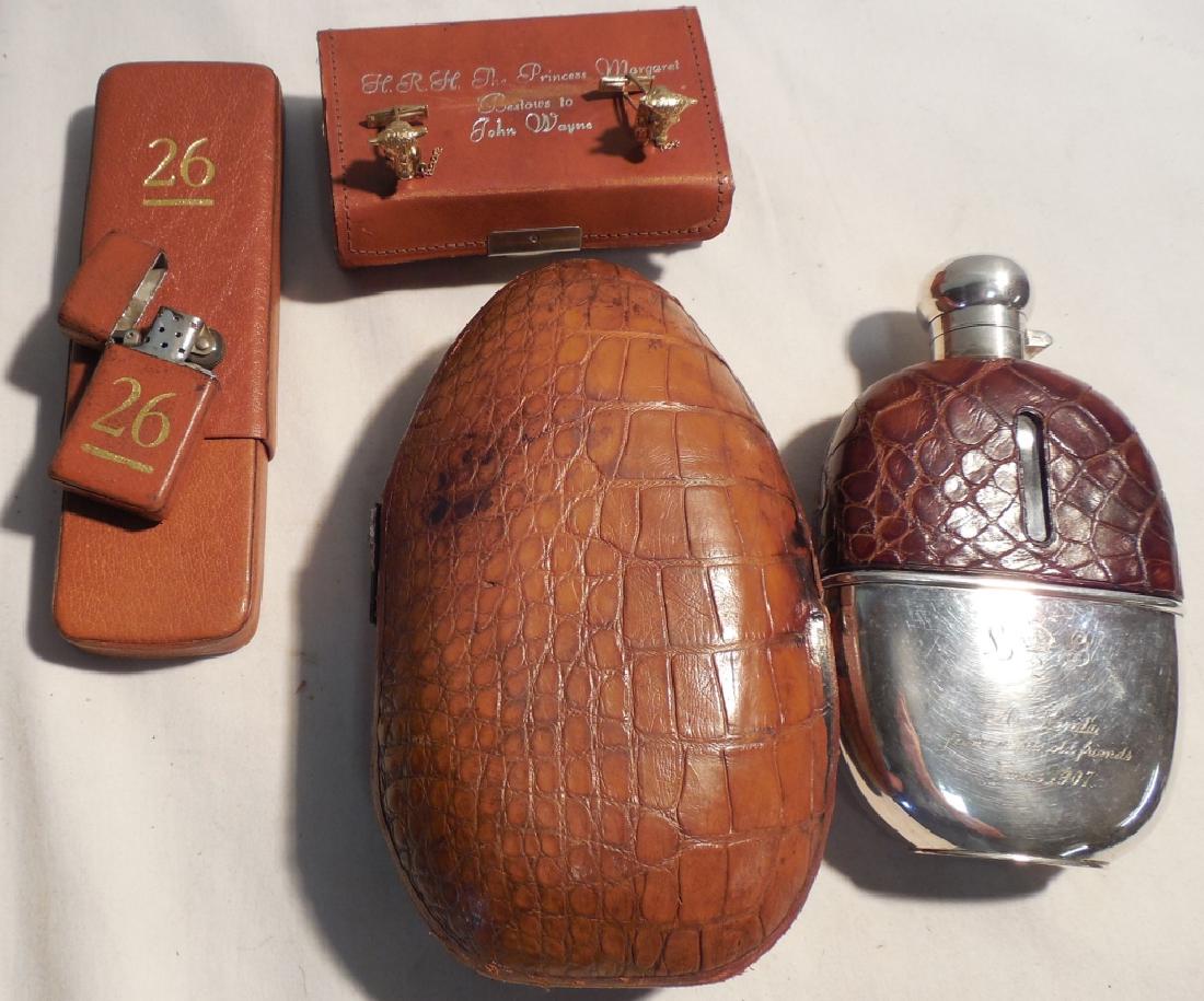 Ranch 26 Lighter & Cigar Case,: Flask dated 1907 damaged hinge, 14k gold Steerhead cufflinks (Bestows to John Wayne from Princess Margaret--You be the judge)