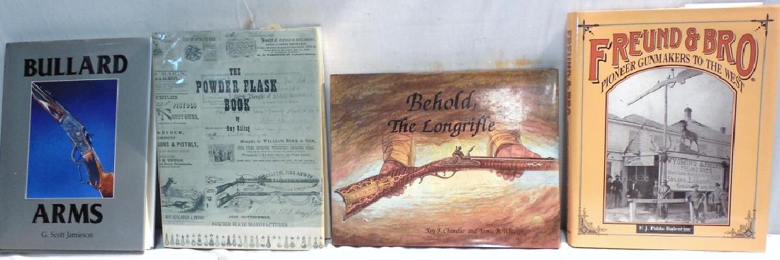 4ea. Hardback Gun Books: Behold the Longrifle - Powder Flask book - Bullard Arm - Freund& Bro.
