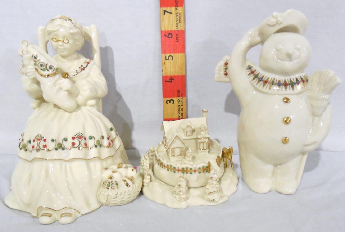 3 Lenox figurines: Snowman, Mrs. Claus, Musical winter cottage