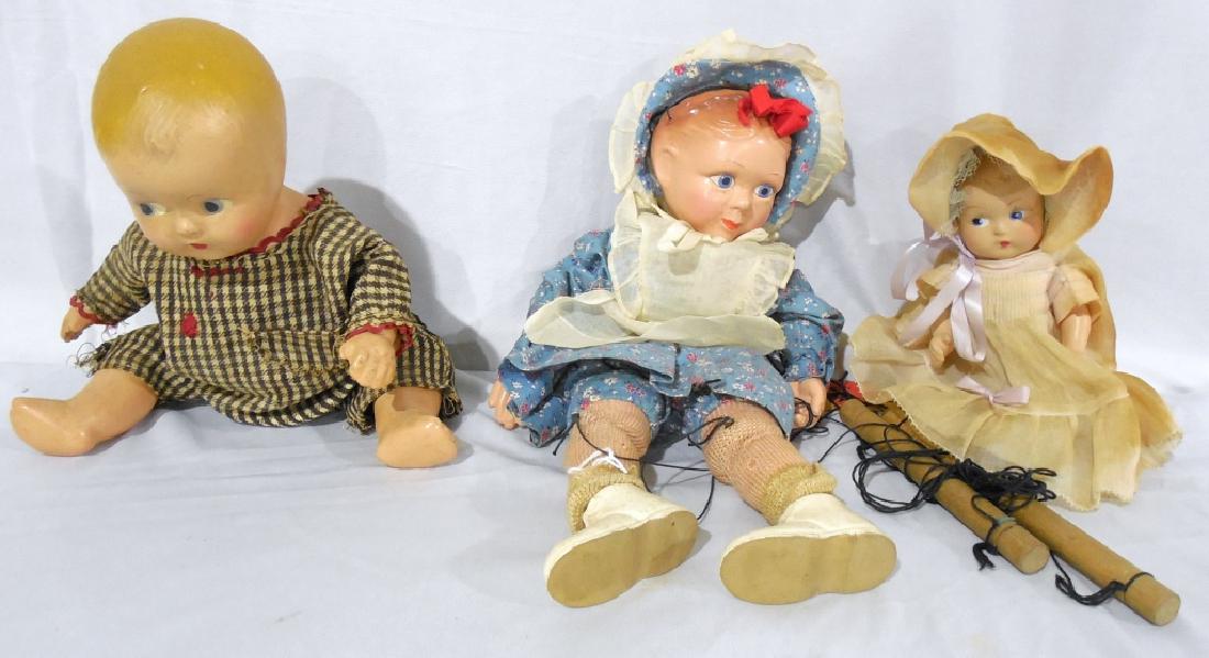 3 Dolls: 1 Effanbee Emily puppet doll, 1 open leg boy, 1 girl in bonnet
