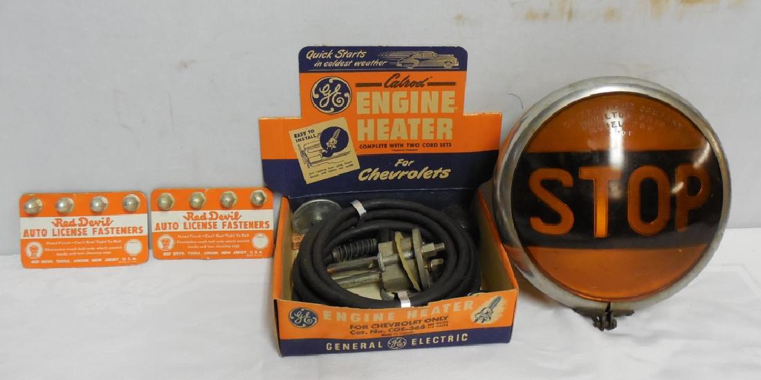 G. E. Engine Heater No5: Griffin Lamp Co. Light & Stop lenses; 2 Red Devil Auto License Fasteners