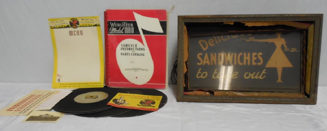 Sandwiches Sign, Wurlitzer items: Wurlitzer model 1100 book and more