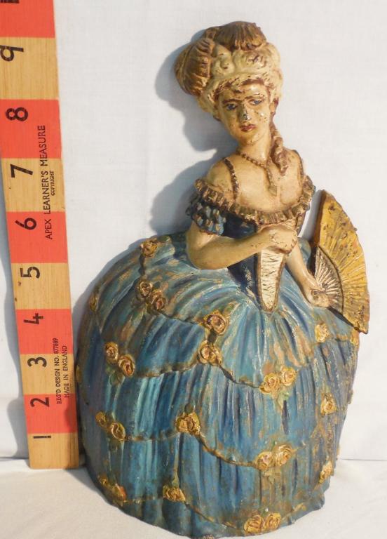 Lady with Fan Cast-iron doorstop: Some paint chipping she photos cast-iron trademark \ws/
