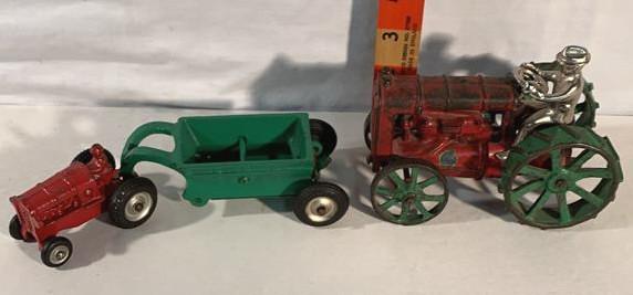 2 Arcade Farm Tractors and 1 Spreader: 1 small tractor with spreader 1 large tractor on steel