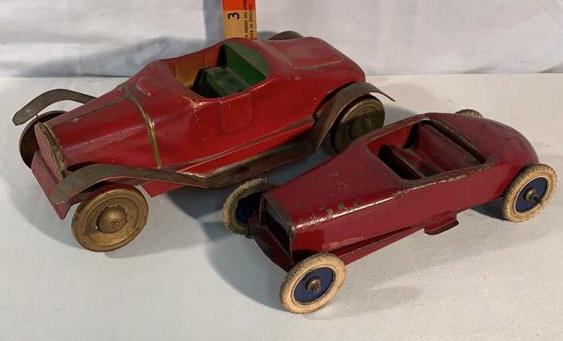 2 Pressed Steel Cars Used: Large your car is friction smaller car is wind up wheels on smaller car marked Keene Kingsbury toys