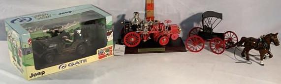 Franklin mint 1912 Christie Front Dr. steamer: Also a cast horse and carriage and Gate beetle bailey in Jeep NIB Steamer does not have box just has Styrofoam some broken And loose parts see photos