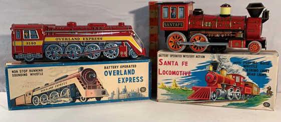 2 Tin Litho Trains by TM Japan: 3140 OVERLAND EXPRESS and SANTA FA LOCOMOTIVE with boxes see photos not tested