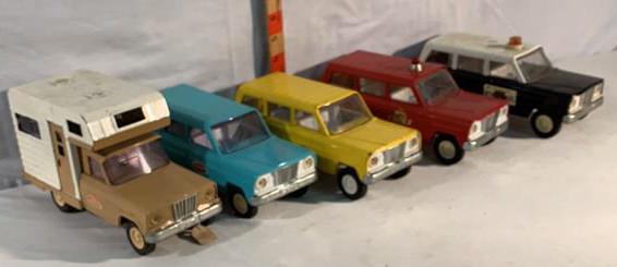5 Tonka Mini Jeep Wagoneers: 1 Camper 1 Highway Patrol 1 Fire Chief 2 Regular Wagoneers all used and played with and in good to fair condition