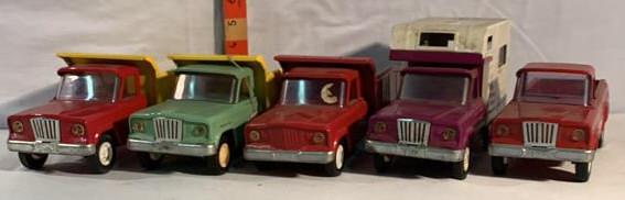 5 Tonka Mini Trucks Mix: 3 Dump Trucks 1 Camper and 1 Pickup used as is see photos