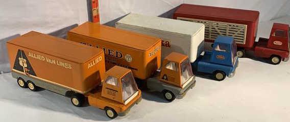 4 Tonka Mini Truck and Trailers: 2 Allied Van Lines 1 Tonka and 1 Livestock hauler