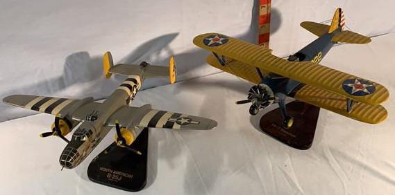 2 Wooden Desk Display Airplane models: North American B-25-J and a PT 17 Starman