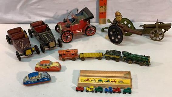 Lot of 9 Friction and wind up toys: See photos used as is Wind up Ranger train 2 cannons 2 Wooden Cars