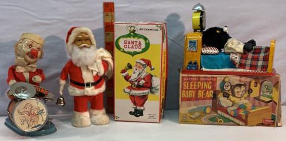 Wind-Up Santa Sleeping baby bear clown with drums: Used as is see photos battery operated not tested Line Mar Sleeping Bear Alps Wind-Up Santa Claus Drumming Clown