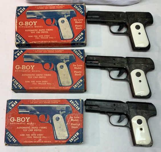 3 Acme G-BOY Repeating Pistol Cap Guns: With Boxes Used as is see photos Boxes show their age