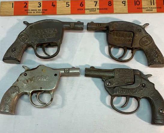 4 Kilgore Cap Pistols: 3 Kilgore Federal 1 Invincible Used see photos as is