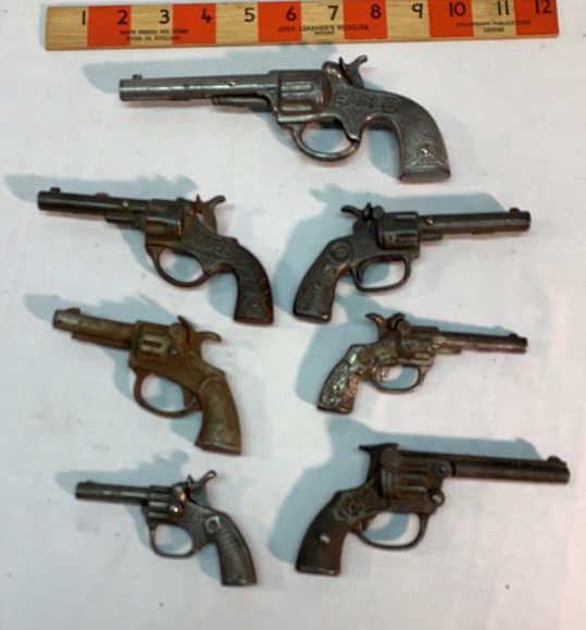 7 ea. Cast-iron Cap Guns Mixed Makers: GEM - STEVENS - Kenton and others Used as is see photos some rust