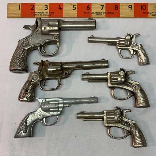6 Mixed Cap Guns See Description: Kilgore, Echo, Hubley and Stevens Used as is see photos some rust