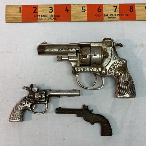 Hubley Dandy police 38, Daisy, Big Chief: 3 Cap Guns Used as is see photos some damage
