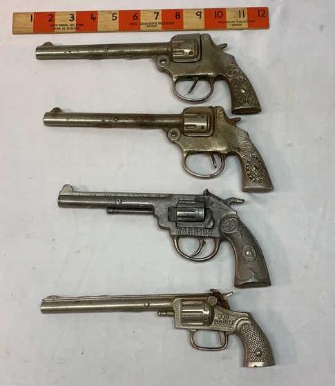 4 Long barrel Cap Guns See Description: 2 Kilgore Trooper Safety 1 Kilgore Warrior and 1 Stevens Big Scout Used as is see photos