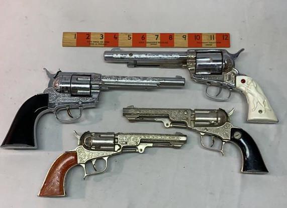 4 Cap Pistols 3 Hubley 1 Nichols See Description: 1 Hubley RIC-O-SHAY 45 2 Hubley Pioneer and 1 Nichols Stallion 45 Used as is see photos