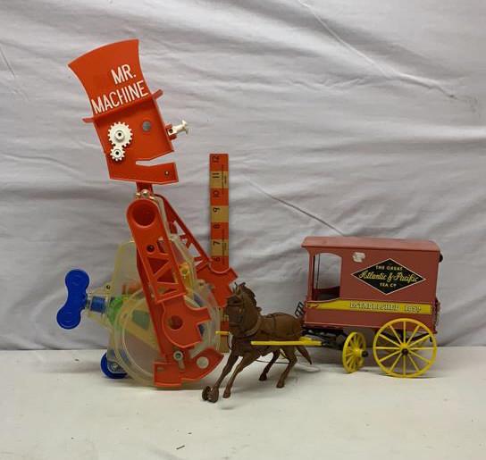 Ideal Mr. Machine and Atlantic & Pacific Wagon: Plastic Atlantic & Pacific Tea Co Wagon Used as is see photos Mr Machine works