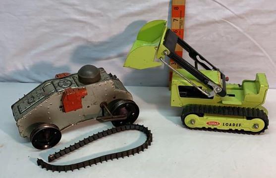 Marx wind-up Tank Corps 12 & Tonka Loader: Used as is see photos Tank has broken track but works