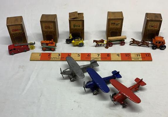 5 Benbros T.V. Series die cast 3 Airplane: Used as is see photos Some boxes missing flaps Benbros Tractor missing Hay-Rake